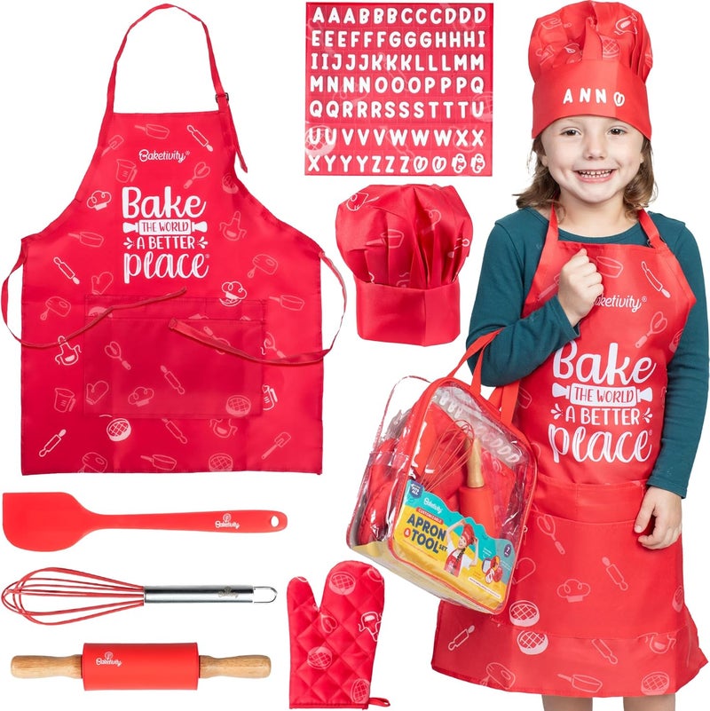 Baketivity Kids Chef Hat and Apron Set for Boys & Girls - One Size Fits All (Adjustable) - Premium, Washable Apron and Hat Set for Cooking - Young Chefs & Junior Bakers Chef Outfit for Kids - Image 1